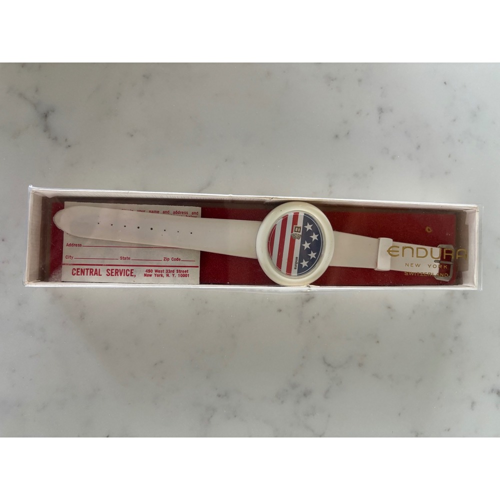 Vintage Endura Swiss Made American Flag Watch‎ White Mod Plastic Case